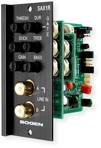 Bogen SAX1R Unbalanced input module; Black; Gain and Trim control; Bass and Treble controls; Gating with Threshold and Duration; Mute send and receive; Variable ducking level when muted or gated; Fade back from mute or gate; 4 Priority levels; Bus assignable; Stereo to mono summing option; RCA connectors; UPC 765368391206 (SAX1R SAX1-R SAX1RINPUT BOGENSAX1R BOGEN-SAX1R SAX1R-UNBALANCED)