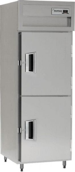 Delfield SSR1N-SH Stainless Steel One Section Solid Half Door Narrow Reach In Refrigerator - Specification Line, 6.8 Amps, 60 Hertz, 1 Phase, 115 Volts, Doors Access, 21 cu. ft. Capacity, Swing Door Style, Solid Door, 1/4 HP Horsepower, Freestanding Installation, 2 Number of Doors, 3 Number of Shelves, 1 Sections, 6
