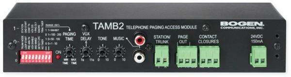 Bogen TAMB2 Telephone Access Module for Phone System Paging; Black; Loop start, ground start, and station port (90 Volt ring up) compatibility; 600 Ohm output; Preannounce and confirmation tones (defeatable); Adjustable tone volume; Works with paging only and two way (talk back) systems; UPC 765368200584 (TAMB2 TAMB-2 TAMB2-MODULE BOGENTAMB2 BOGEN-TAMB2 TAMB2-PAGING)