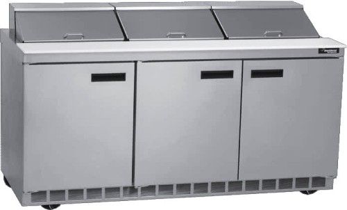 Delfield UC4472N-18M  Three Door Mega Top Reduced Height Refrigerated Sandwich Prep Table, 12 Amps, 60 Hertz, 1 Phase, 115 Volts, 18 Pans - 1/6 Size Pan Capacity, Doors Access, 24.8 cu. ft. Capacity, Swing Door, Solid Door, 1/2 HP Horsepower, 3 Number of Doors, 3 Number of Shelves, Air Cooled Refrigeration, Counter Height Style, Mega Top Type, 72