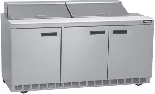 Delfield UC4472N-24M Three Door Mega Top Reduced Height Refrigerated Sandwich Prep Table, 12 Amps, 60 Hertz, 1 Phase, 115 Volts, 24 Pans - 1/6 Size Pan Capacity, Doors Access, 24.8 cu. ft. Capacity, Swing Door, Solid Door, 1/2 HP Horsepower, 3 Number of Doors, 3 Number of Shelves, Air Cooled Refrigeration, Counter Height Style, Mega Top Type, 72