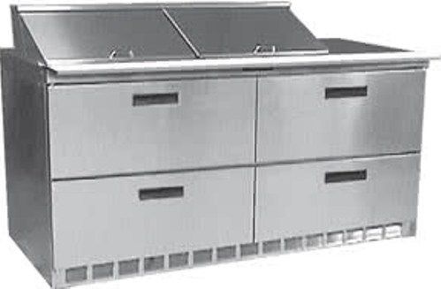 Delfield UCD4460N-12 Four Drawer Reduced Height Refrigerated Sandwich Prep Table, 12 Amps, 60 Hertz, 1 Phase, 115 Volts, 12 Pans - 1/6 Size Pan Capacity, Drawers Access, 20.2 cu. ft. Capacity, 1/2 HP Horsepower, 4 Number of Drawers, Air Cooled Refrigeration, Counter Height Style, Standard Top, 34.25
