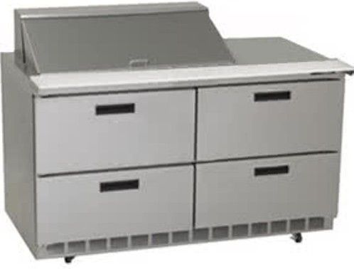 Delfield UCD4464N-18M Four Drawer Reduced Height Refrigerated Sandwich Prep Table, 12 Amps, 60 Hertz, 1 Phase, 115 Volts, 18 Pans - 1/6 Size Pan Capacity, Drawers Access, 21.6 cu. ft. Capacity, 1/2 HP Horsepower, 4 Number of Drawers, Air Cooled Refrigeration, Counter Height Style, Mega Top, 34.25