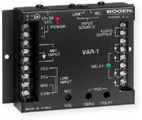 Bogen VAR1 Voice Activated Relay for Paging Systems; Black; Two sets of C Form (both N.O. and N.C.) relay contacts respond to audio activity; 4 levels of input signals: microphone, 600 Ohm line, 25 Volt, and 70 Volt speaker systems; Built in balanced, low noise, high gain microphone pre amp; UPC 765368200973 (VAR1 VAR-1 VAR1-RELAY BOGENVAR1 BOGEN-VAR1 VAR1-PAGING) 