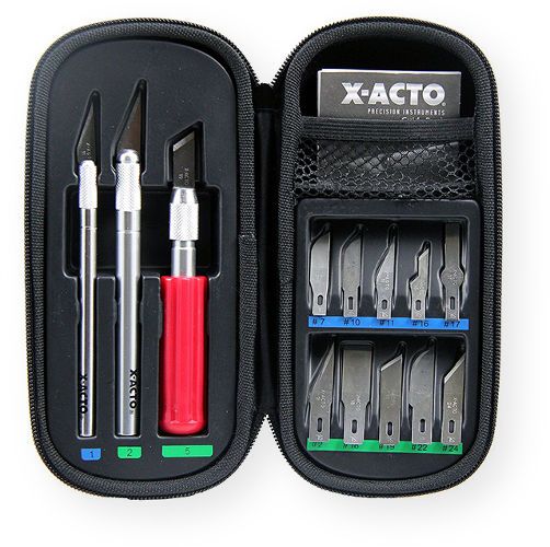  X-Acto X5285 Basic Knife Set; For lightweight precision cutting of wood, cardboard, paper, plastic, cloth, and foam board; Stored in a wooden chest with fitted storage tray; All purpose set includes a Number 1 knife with Number 11 blade, Number 2 knife with Number 2 blade, Number 5 knife with Number 19 blade, one each of Numbers. 7, 10, 16, 17, 18, 19, 22, and 24 blades, and two each of Number 11 blade; UPC 079946528206 (X5285 X-5285 X-5282 XACTOX5285 X-ACTOX5285 X-ACTO-X5285)